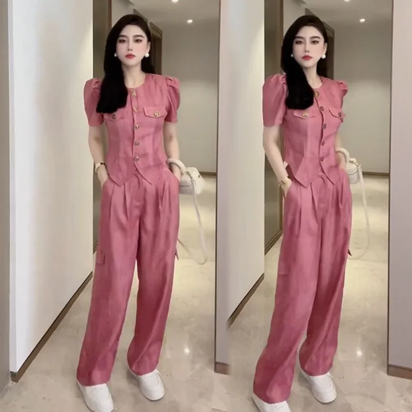 Temperament Small Fragrant Style Set for Women's 2024 Summer Single Breasted Split Shirt+High Waist Wide Leg Pants Two Piece Set