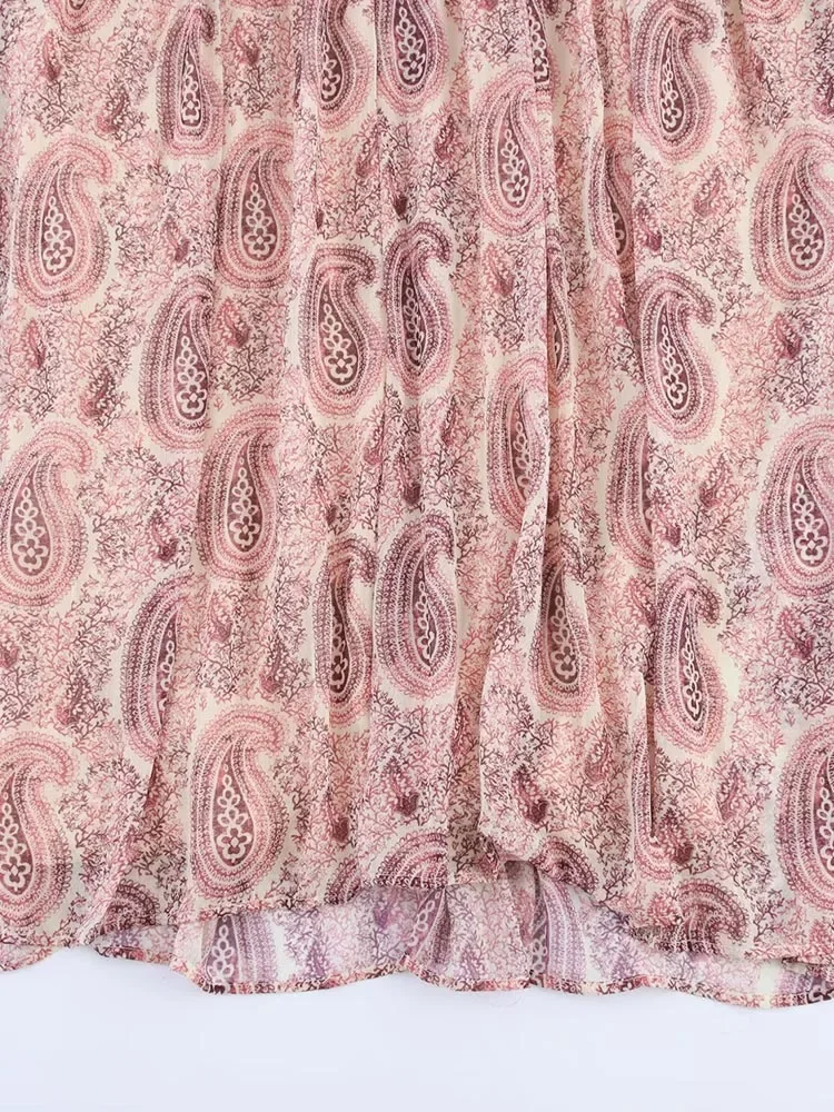 2025 ชุดสตรีฤดูร้อนVINTAGEพิมพ์ชีฟองVคอCascading RuffleแขนยาวหญิงElegant Street Dressesเสื้อผ้า