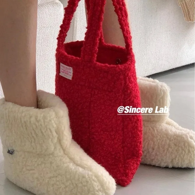 Women Candy Color Small Label Tote Handbag Casual Cute Hand Held Wool Bag 2023 New Fashionable Casual Purses and Handbags