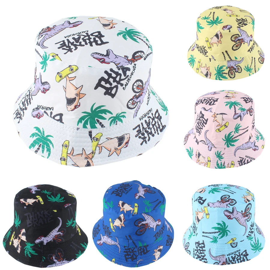 

Summer Cotton Sun Hat For kids Boys Girls Double Sided Bucket Hat Cartoon Cute Dinosaur Print Fisherman Cap Panama Chilldren