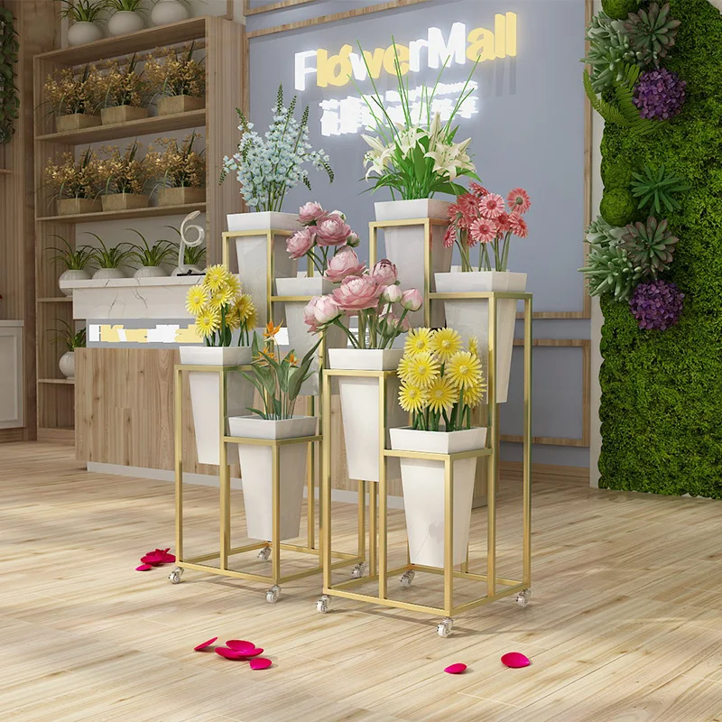 Florist Flower Stand Step Multi-layer Flower Wake Flower Display Stand Wrought Iron with Universal Wheel  Bucket