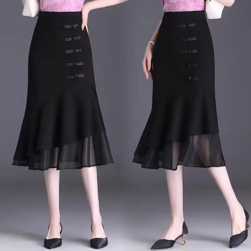 Irregular Skirts Autumn New Temperament Solid Color Elastic Waist Women Clothing A-line Skirt Ladies Chinese Style Buttons Skirt