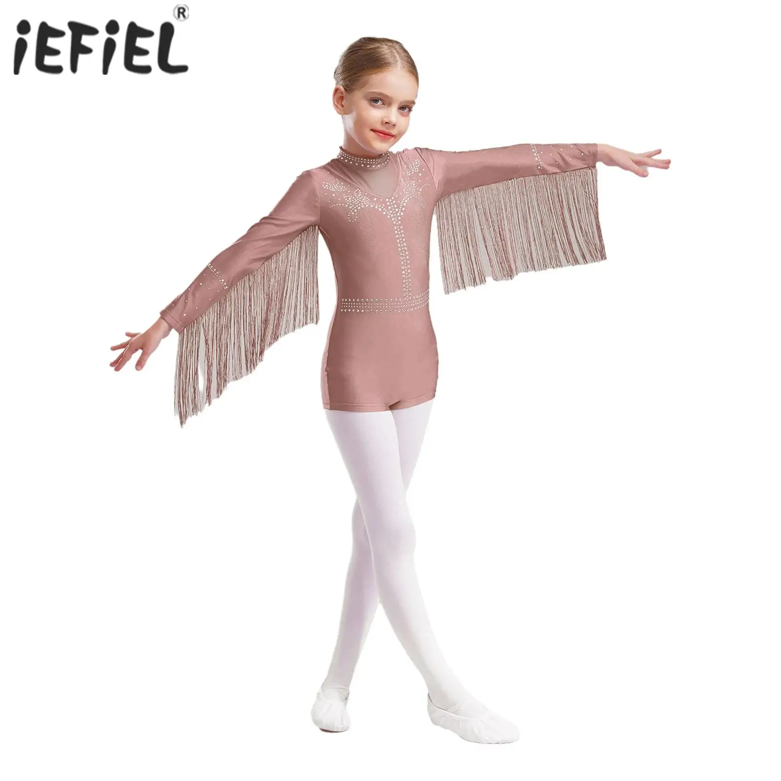 

Kids Girls Tassels Sparkly Rhinestones Leotard Long Sleeve Fringe Bodysuit Dancewear for Jazz Dance Stage Performance