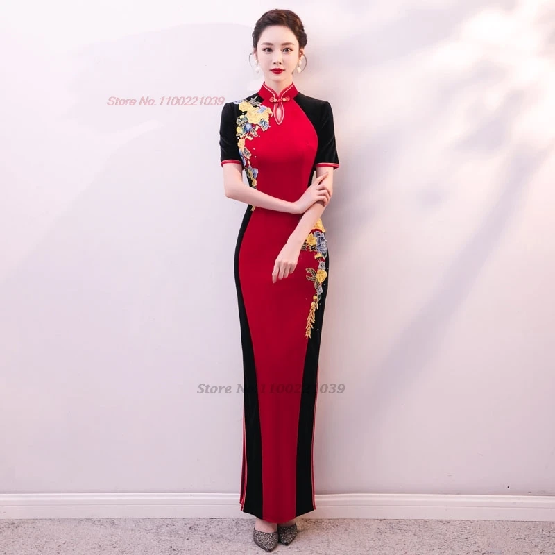 

2024 national flower embroidery formal dress chinese improved qipao stage performance cheongsam banquet evening qipao dress