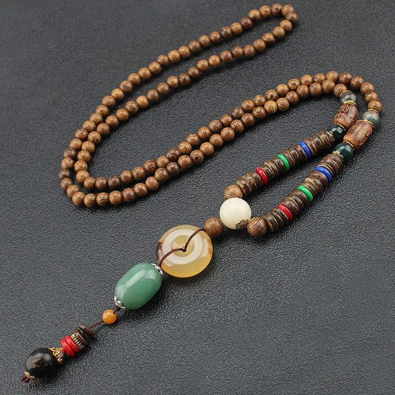 Wooden Beads Bodhi Safety Buckle Sweater Chain Pendants Ethnic Style Men Women Buddhist Beads Long Necklaces Fashion Jewelry