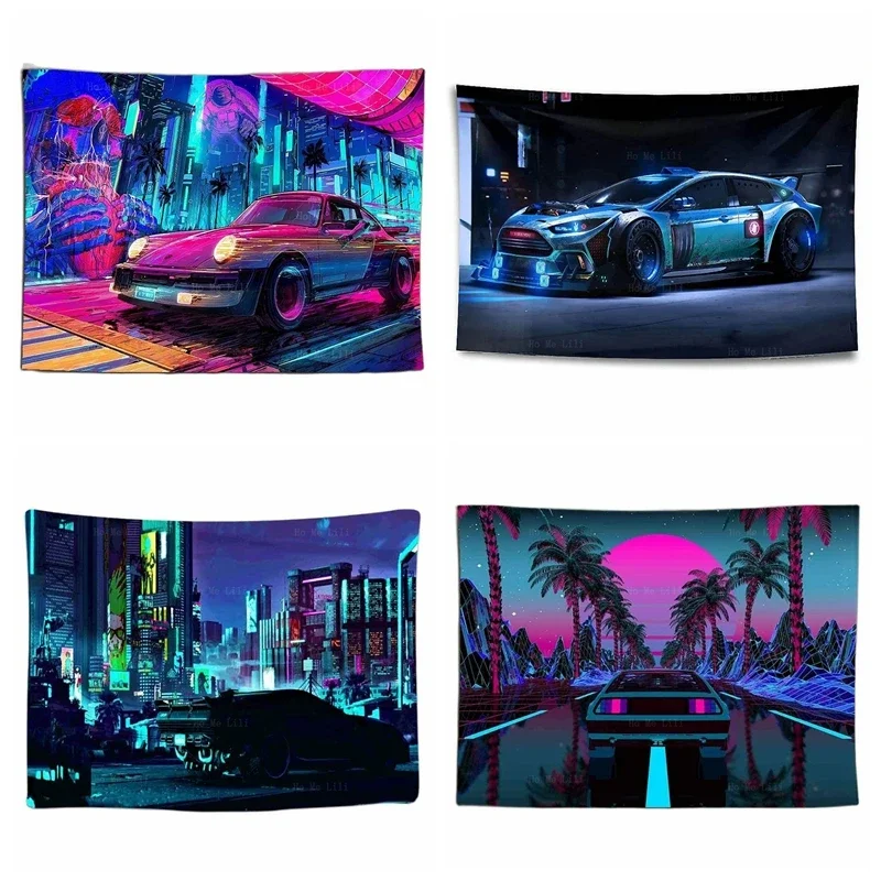 Retro 80s Science Fiction Super Sports Car Forest Road Fantasy Punk Cityspace Astronaut Futuristic Skyscraper Tapestry