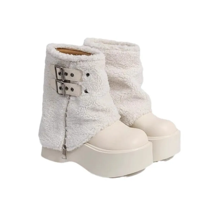 Thick Soled Lamb Wool Short Tube Snow Boots For Women 2024 Winter New Item, Small And Thick Heel Pants Boots With Fluffy Fur