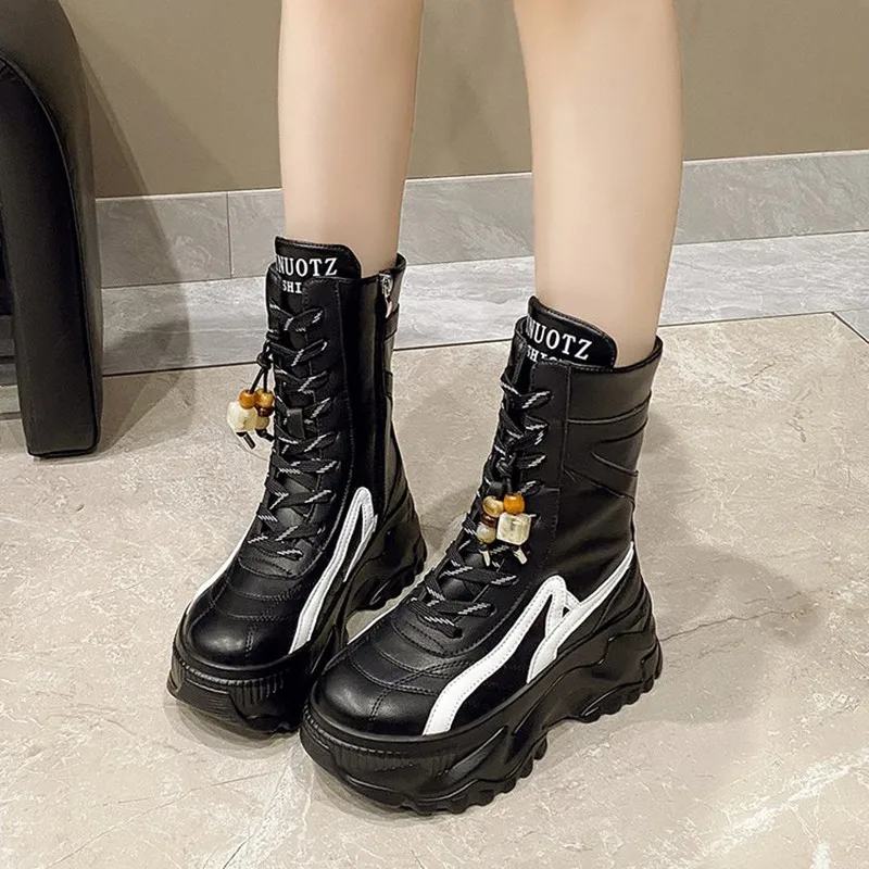 New Women 8CM Chunky Mid-Calf Boots 2025 Autumn Winter Beading Lace-up Zip Shoes High Platform Motorcycle Boots Leather Sneakers view 5