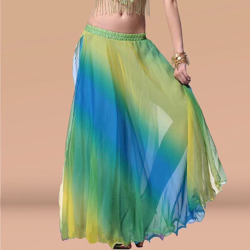 カスタマイズされたベリーダンス衣装グラデーションカラー二層スリットロールエッジスカートベリーカラフルなスリットスカートダンスビッグスイングスカート