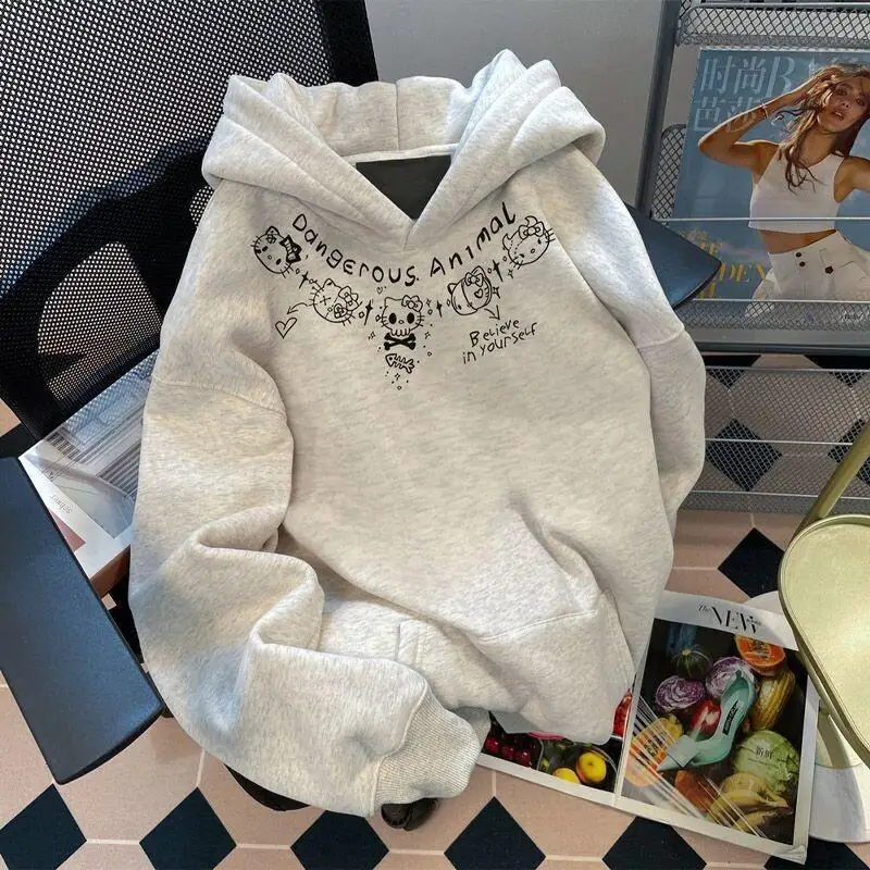 

Толстовка Sanrio Hello Kitty для пар, на флисовой подкладке, утепленная, для подростков и студентов, осенне-зимняя, в корейском стиле, свободного кроя, унисекс