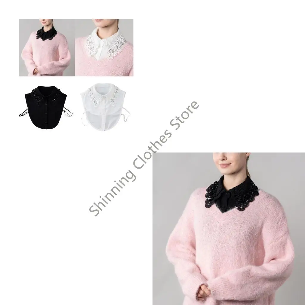 M68A Comfortable Detachable Collar with Shimmering Sequins Easy To Clean Faux Collar For Professional Office Daily Outfit