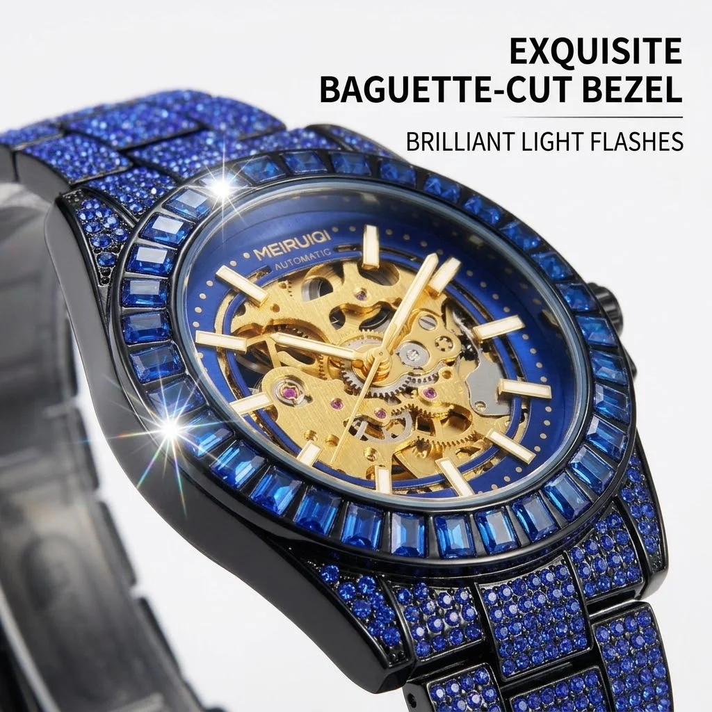 Orologio Meccanico Automatico da Uomo con Quadrante Circolare Blu e Incisioni Eleganti