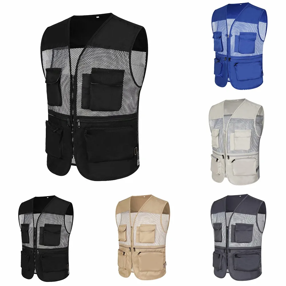 Summer Thin Mesh Vest Outdoor Sports For Jackets Bigsize Sleeveless Vest Multi Pockets Casual Work Wear Camping Fishing Vests