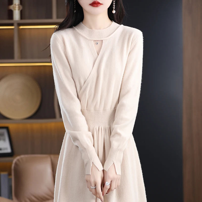 2024 Spring Autumn New Solid Color Round Neck Temperament 100% Pure Wool Mid length Versatile Fashion Dress Cashmere Long Dresss