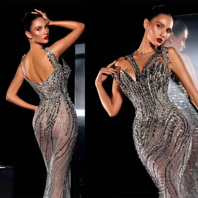 

Sexy Gowns Mermaid Evening Dress Sleeveless V Neck Sequins Appliques 3D Lace Shine Crystal Beads Lace Prom Dress Customized