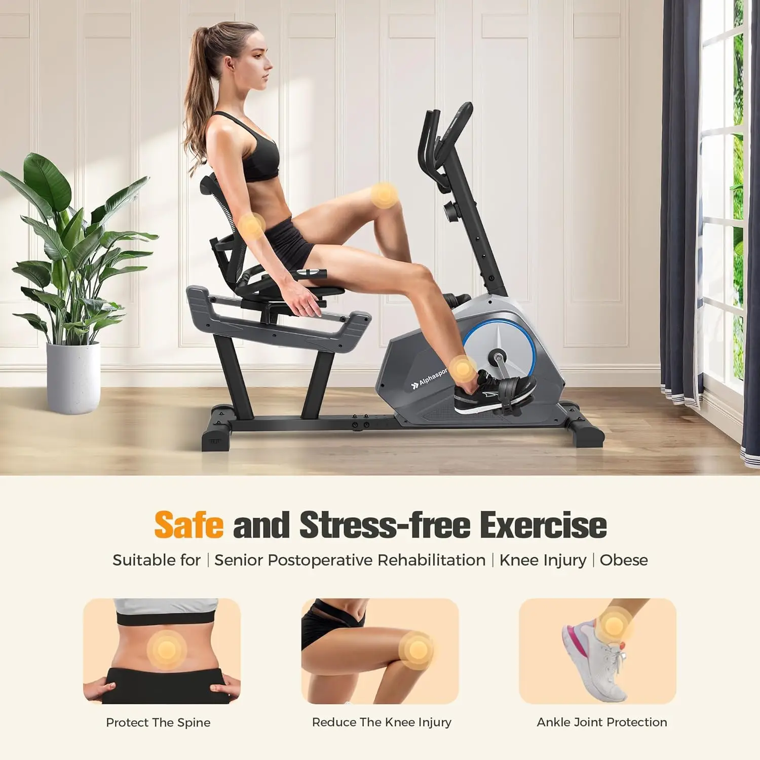 ALPHA CAMP Recumbent Exercise Bike 16-Level Resistance Magnetic Stationary Bike with Bottle Holder Adjustable Wide Cushioned