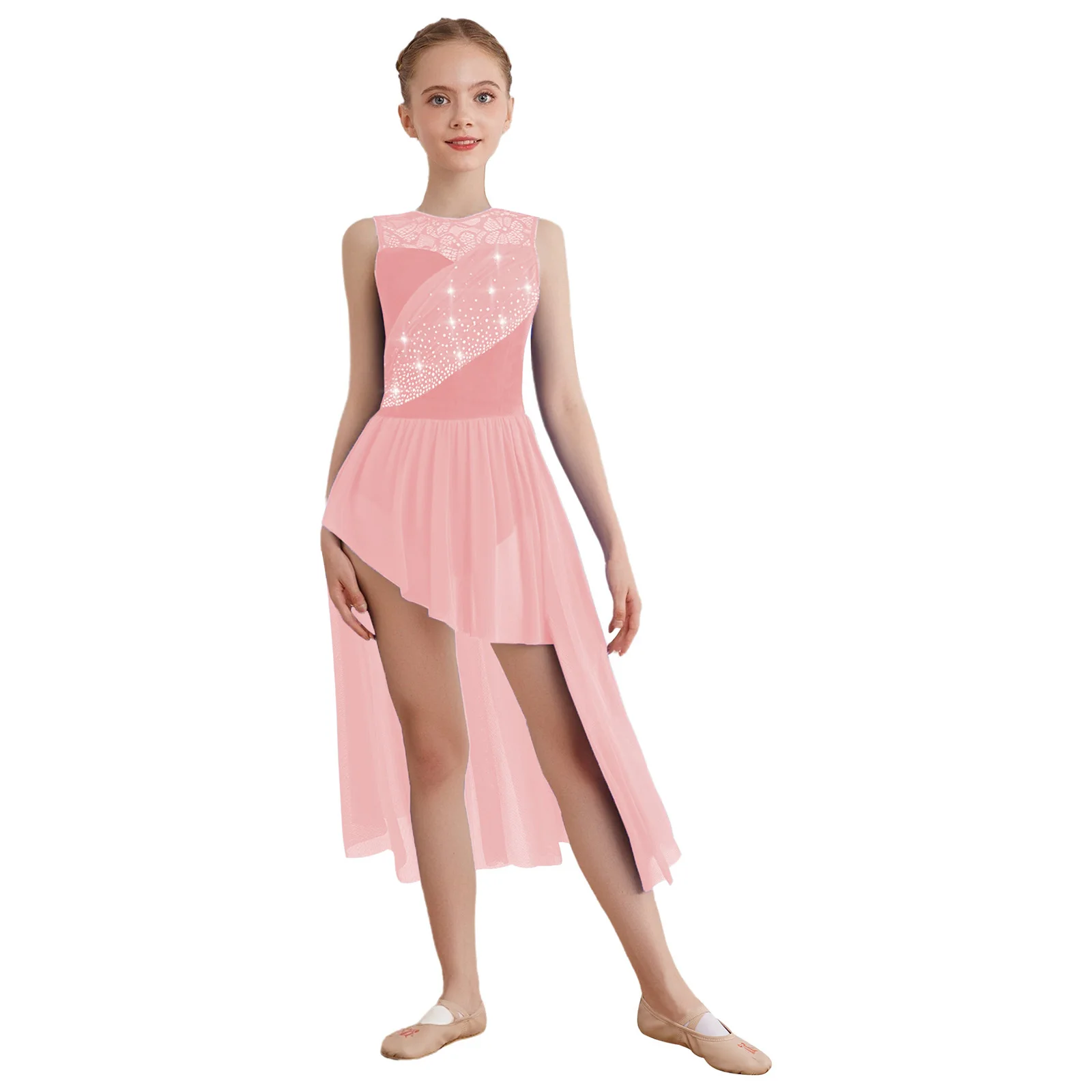 Kinderen meisjes lyrische dansjurk ballerina prestatiekostuum moderne hedendaagse danskleding kant patchwork ruches mesh strass