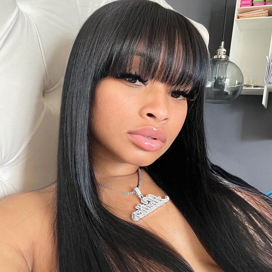 Straight Human Hair Wigs With Bang Full Machine Made Wigs 8-30inch Natural Color Peruvian Remy Human Hair Wigs