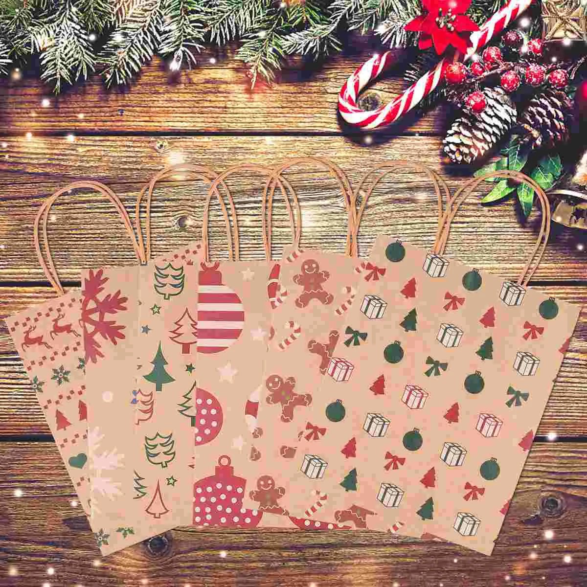 Cabilock 24pcs Christmas Kraft Bags 6 Patterns Christmas Paper Bags Portable Festive Xmas Party Gift Bags with Handle for Christ