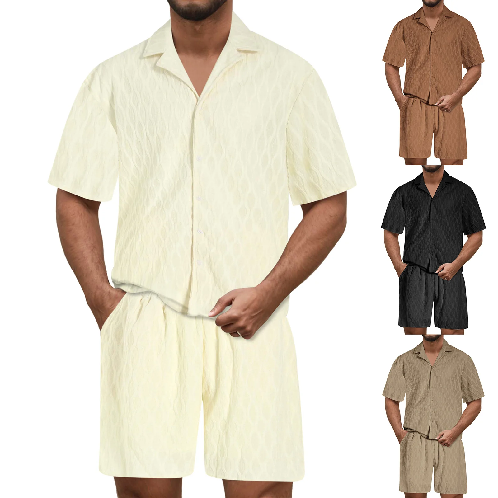 

Full Suits for Men Slim Fit Men's Summer Casual Solid Color Jacquard Short Sleeve Shirt And Shorts Jogging Sweat Suits Men