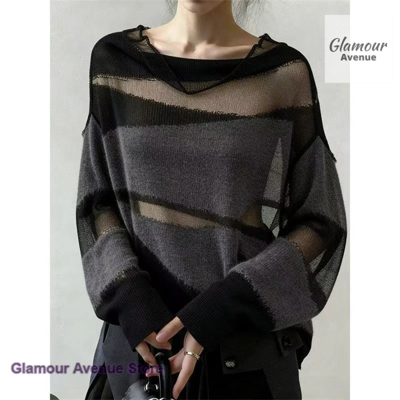 

Korean atmosphere contrast color perspective sweater women's spring and autumn high-grade versatile slim pullover sweater top