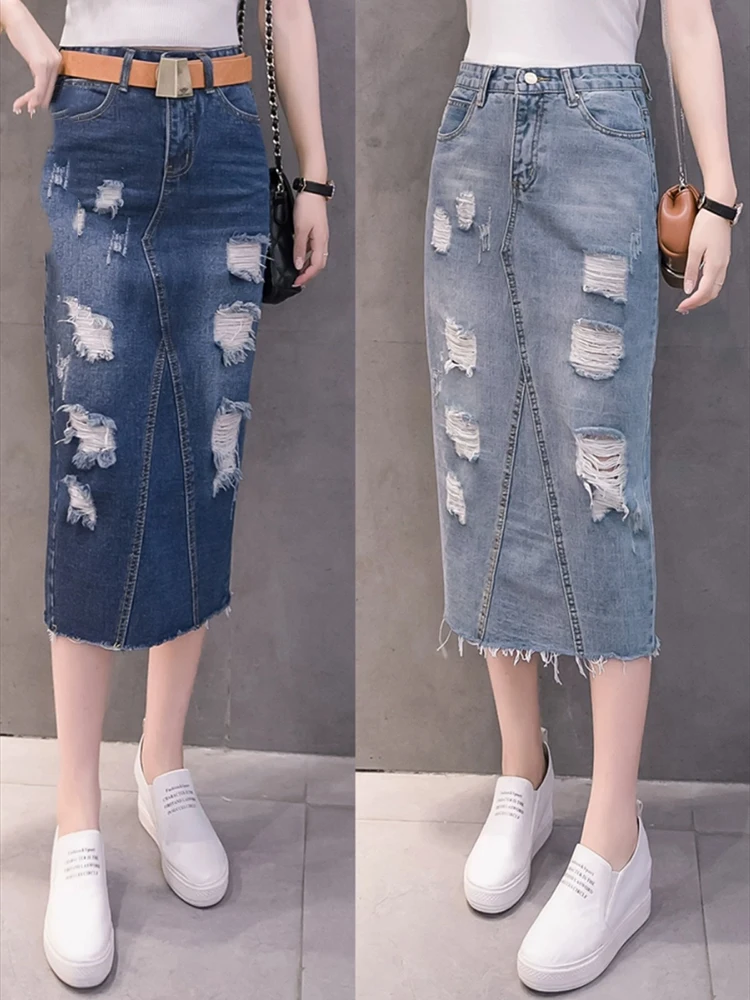 Ripped Bodycon Denim Skirts Womens Sexy Midi Pencil Skirt Ladies Wrap Jeans Skirt