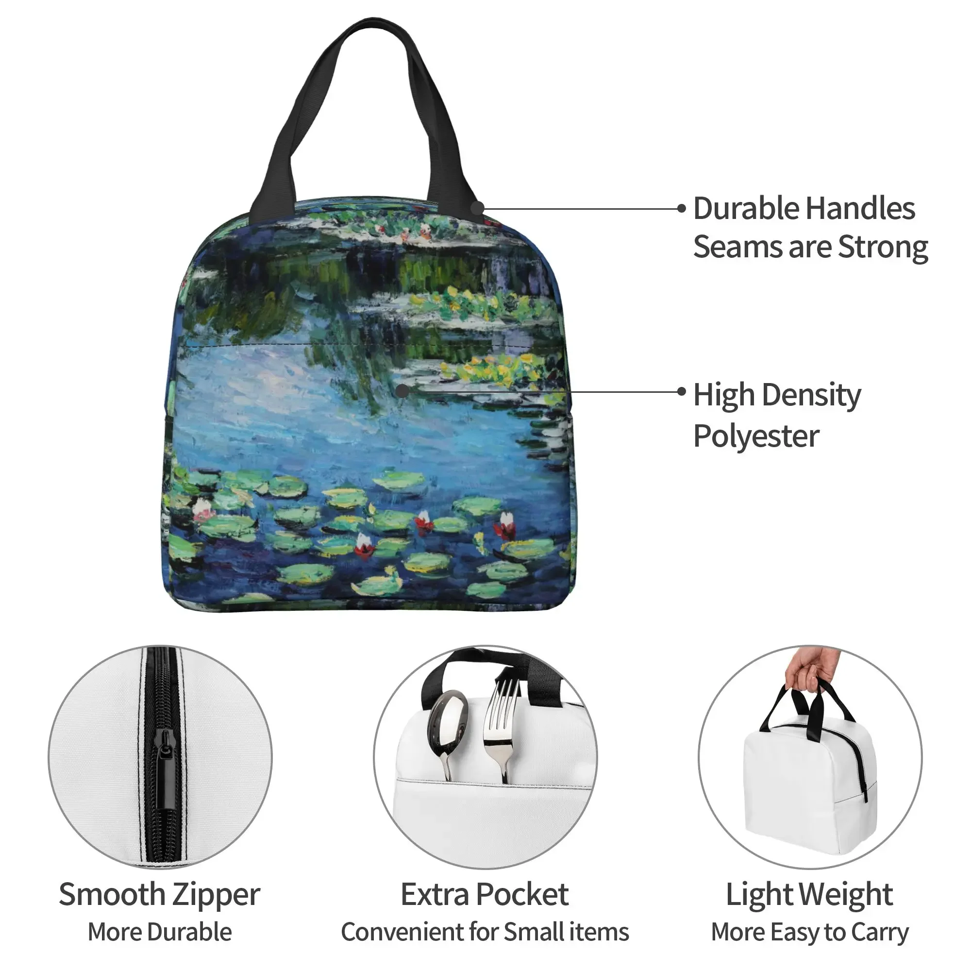 Monet Art Painting Lotus Flowers Lunch Bag Small for Men Women Kids Outdoor Picnic Work School Lunch Box Bag Insulated Gift