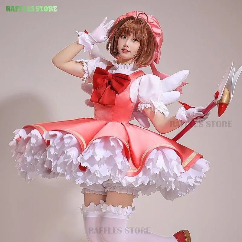 Cardcaptor Sakura Fantasia Anime Cosplay com Peruca e Peruca, Kinomoto Sakura, Vestido Lolita Rosa, Fato de festa fantasia Halloween Cos