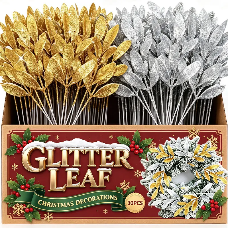 DIY Glitter Artificial Leaf Stem Gold Silver Fake Leaves Branches for Christmas Wreath Garland Wedding Party Home Decor Supplies