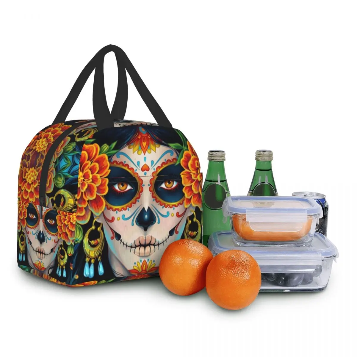 Day Of The Dead Sugar Skull Insulated Lunch Bags for School Office La Calavera Catrina Warm Cooler Thermal Lunch Box Women Kids