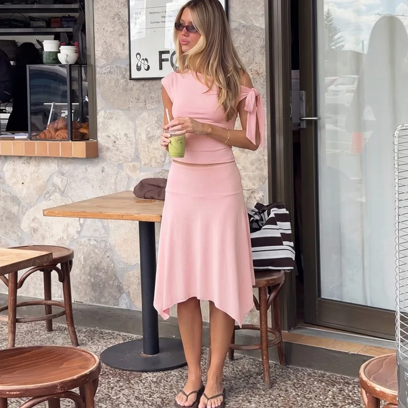 Women 2 Piece Outfit Set Off Shoulder Bow Tie Short Top Asymmetrical Midi Skirt Sets Y2K Elegant Casual Matching Two‑Piece Suit view 4