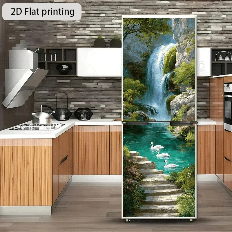 [2D Flat Printing] 1pc Refrigerator Sticker 60×180 Cm Swan Creek Waterfall Seclusion Theme Design Wall Sticker Decoration Wall