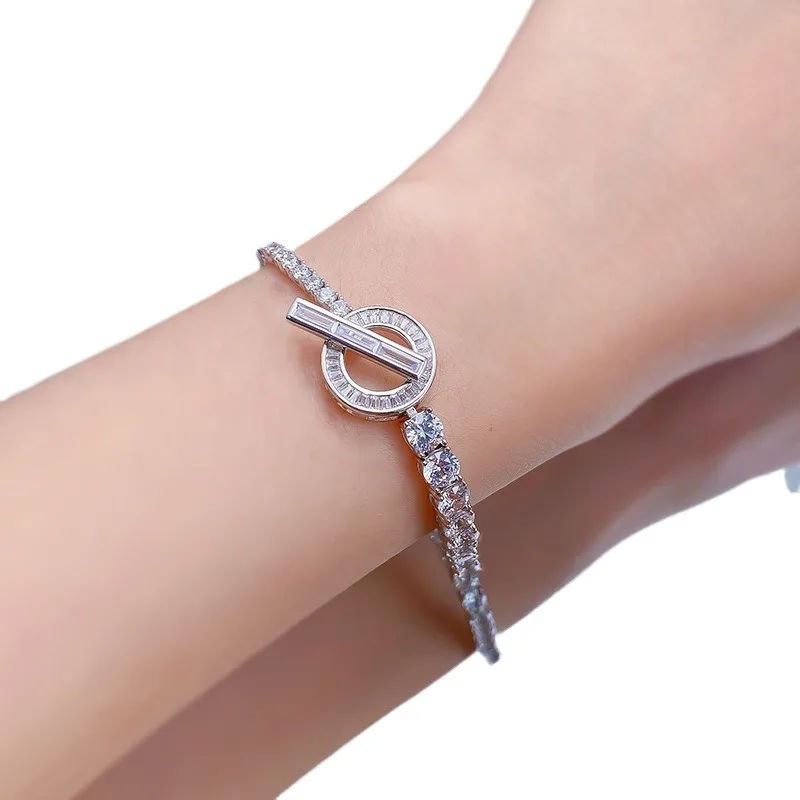 New S925 Silver OT Full Diamond Bracelet Asymmetric Inlaid Round Diamond Exquisite Premium Bracelet