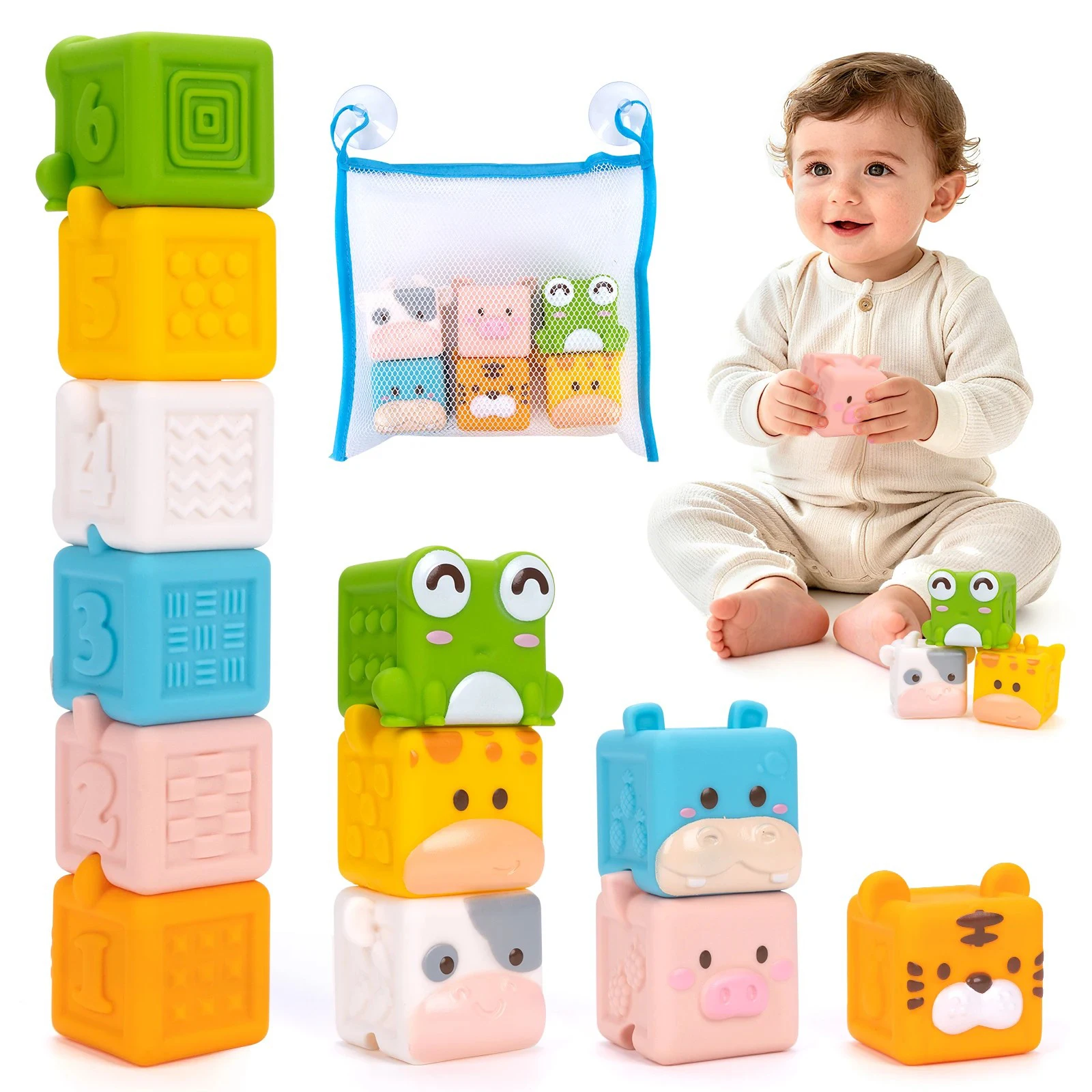 Baby Bath Toys Animal Silicone Squeeze Building Blocks Stacking Toys Early Learning Touch Education Toys Finger Puppets Toy Gift
