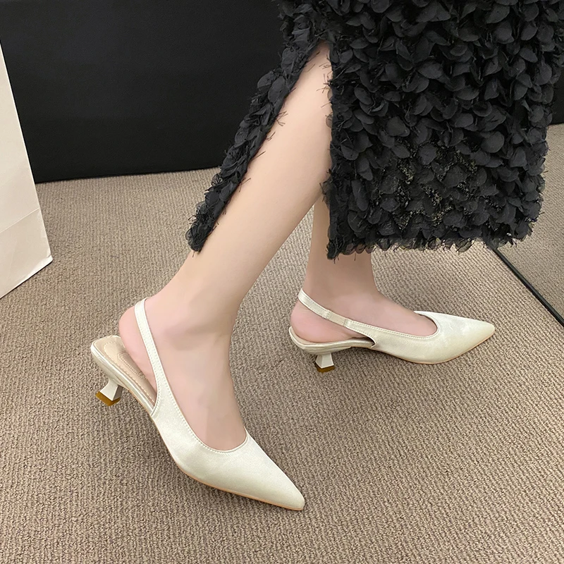 Summer New Women Sandals Heel Ladies Shoes Pointed Toe Solid Female Women\'s Shoes Back Strap Slip on