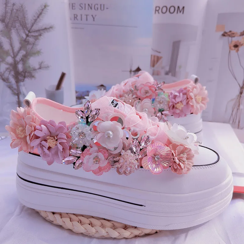 Canvas Shoes 5cm Platform Height Increasing Shoes Pink Satin Rhinestone Flowers Beautiful Sneakers Female Thick Sole Short Girls