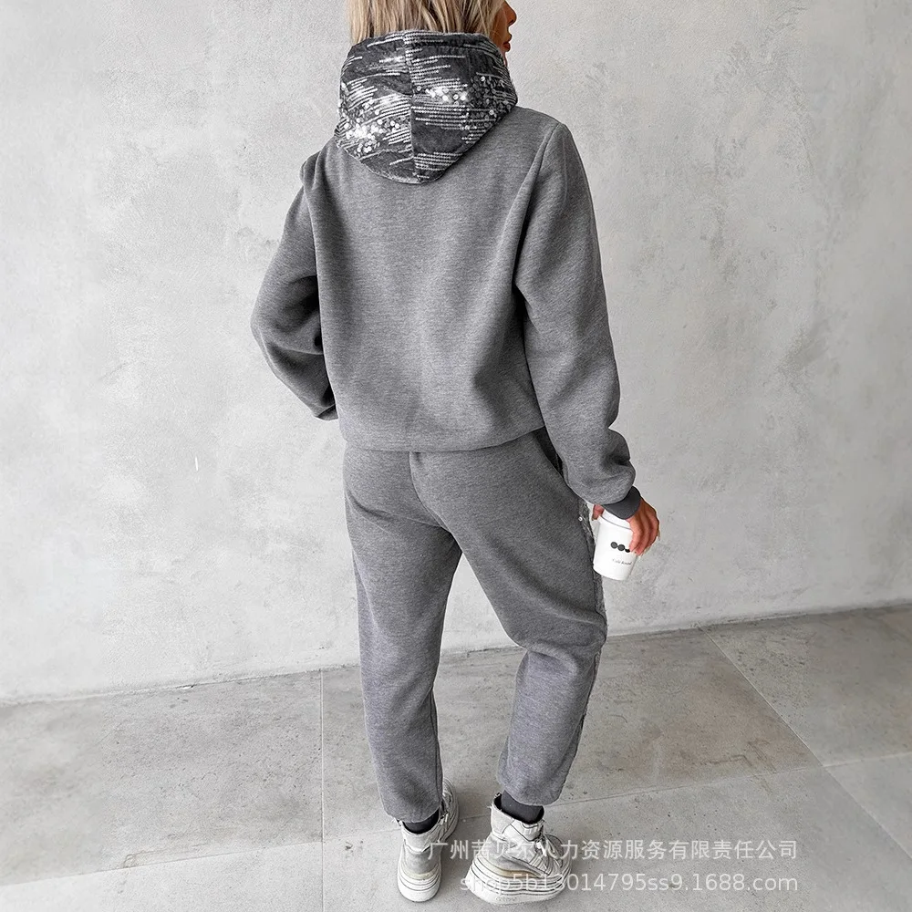 Beaded Hooded Sweater and Sports Trousers Casual Two-piece Set Women