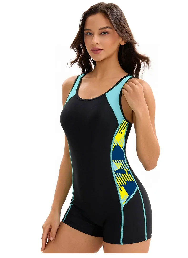 Women One Piece Swimsuit Color Block Tummy Control Swimwear Slimming Athletic Racing Racerback Rash Guard Competitive Beachwear