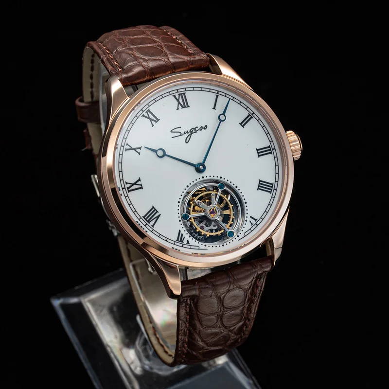 Sugess Tourbillon Watch Hand Winding Alligator Leather Mechanical Men Watch Antique Enamel Ceramic Dial Original Movement ST8230