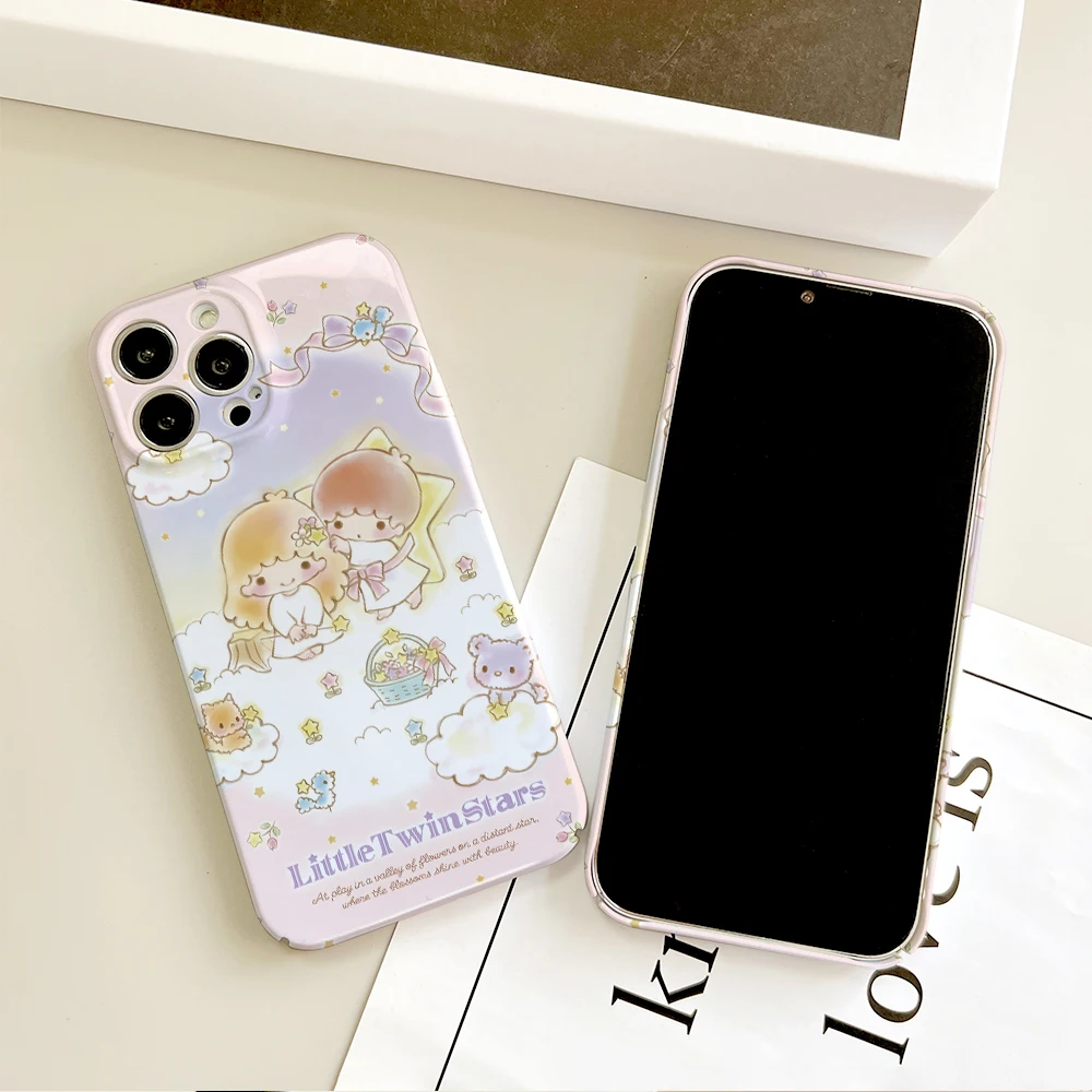 MINISO Little twin stars Kiki & Lala Phone Case For IPhone 16 15 14 13 12 11 Plus Pro Max Mini Glossy HD Hard Cover Film Shell