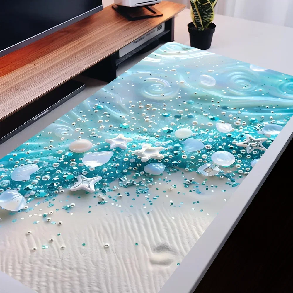 แผ่นรองเมาส์ขนาดใหญ่ ลายเปลือกหอยสีน้ำเงิน แผ่นรองโต๊ะพร้อมขอบเย็บ แผ่นรองเมาส์กันลื่นขนาด XL ฐานยาง แผ่นรองโต๊ะสำหรับสำนักงานและบ้าน