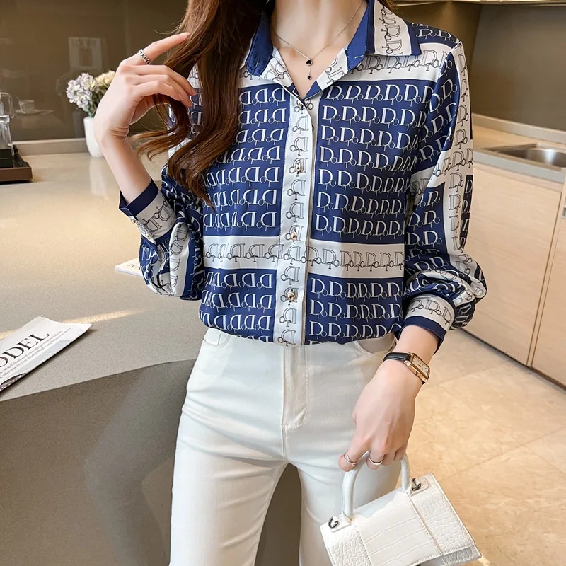 Women Letter Printed Chiffon Shirts Elegant Chic Loose Long Sleeve Blouse Temperament Fashion Comfortable Loose Tops