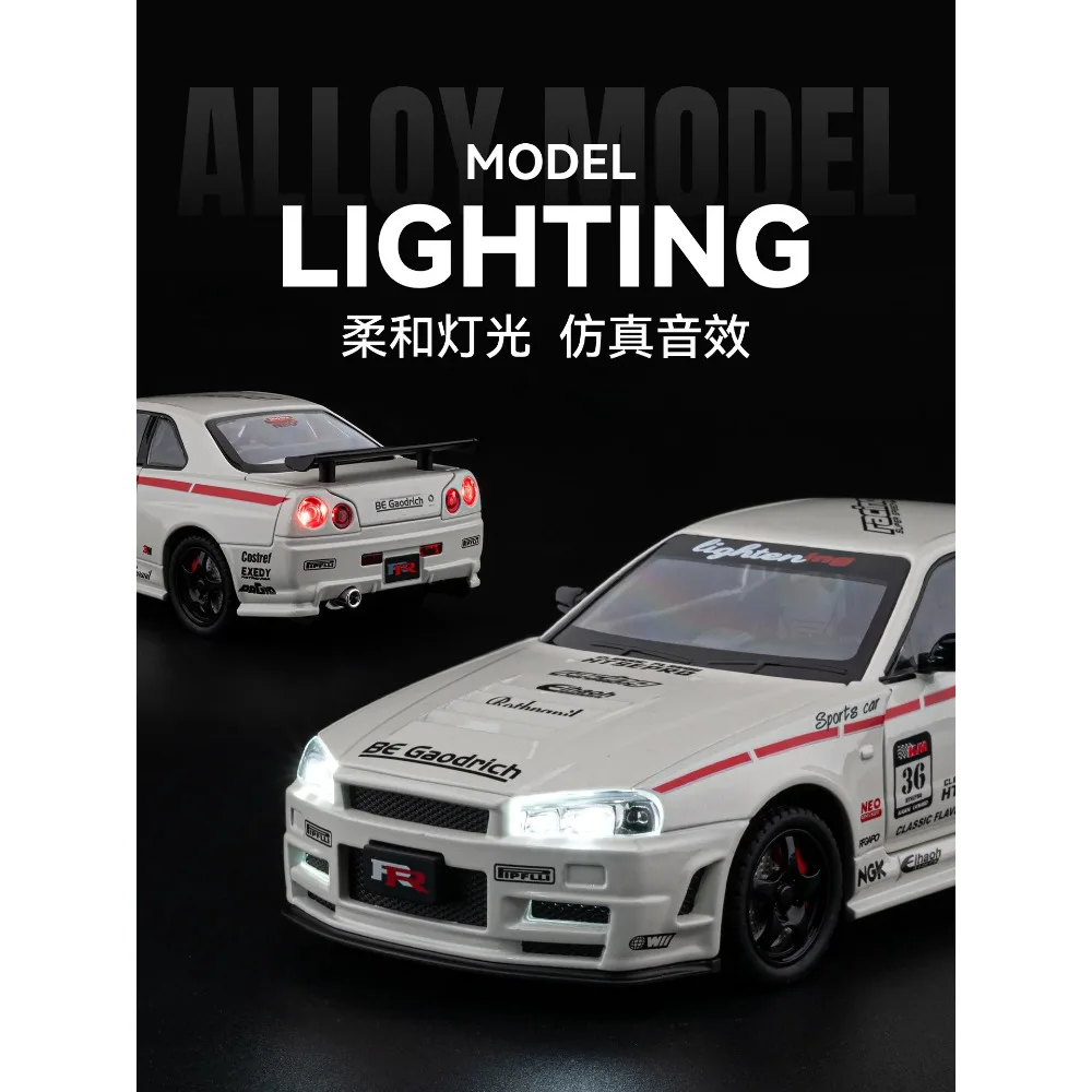 1:24 gtr r34 skylin liga modelo de carro som e luz puxar para trás brinquedo das crianças colecionáveis presente aniversário