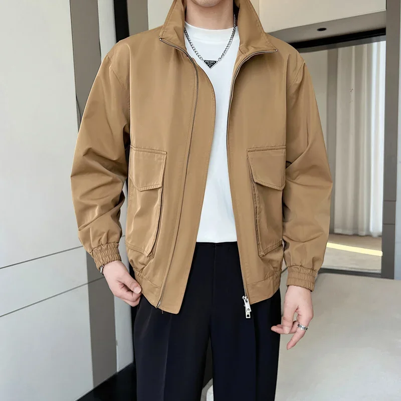 

Autumn Solid Color Cargo Jackets For Men New Korean Fashion Zipper Cardigan Coats Stand Collar Streetwear Bomber Jacket Hombre