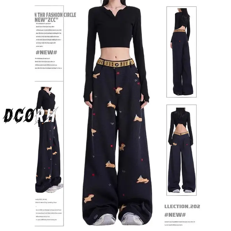 Trendy Vintage Cartoon Dog Embroidery Straight Leg Jeans Spring New Age Reduction Casual All Match Wide Leg Pants Women Jeans