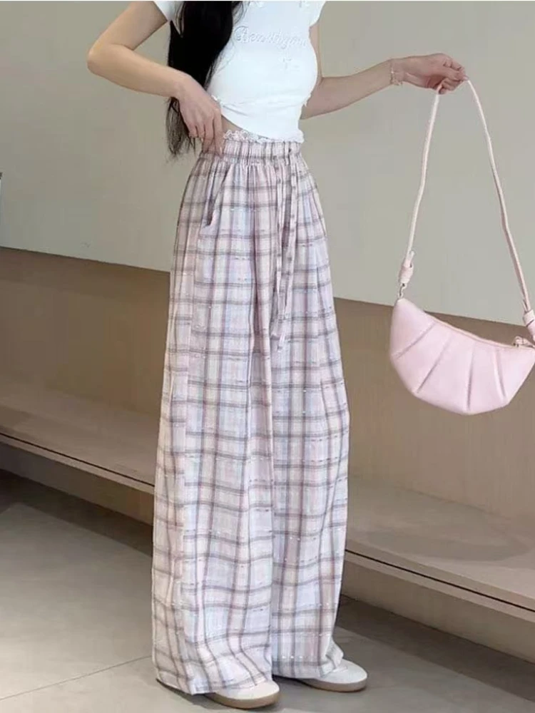 レディース チェック柄 パンツ 高品質 クロップド丈 ミディアム Gトレンド 2025 クラシック XXL 90年代風 ウェア エステティック ワイドレッグパンツ