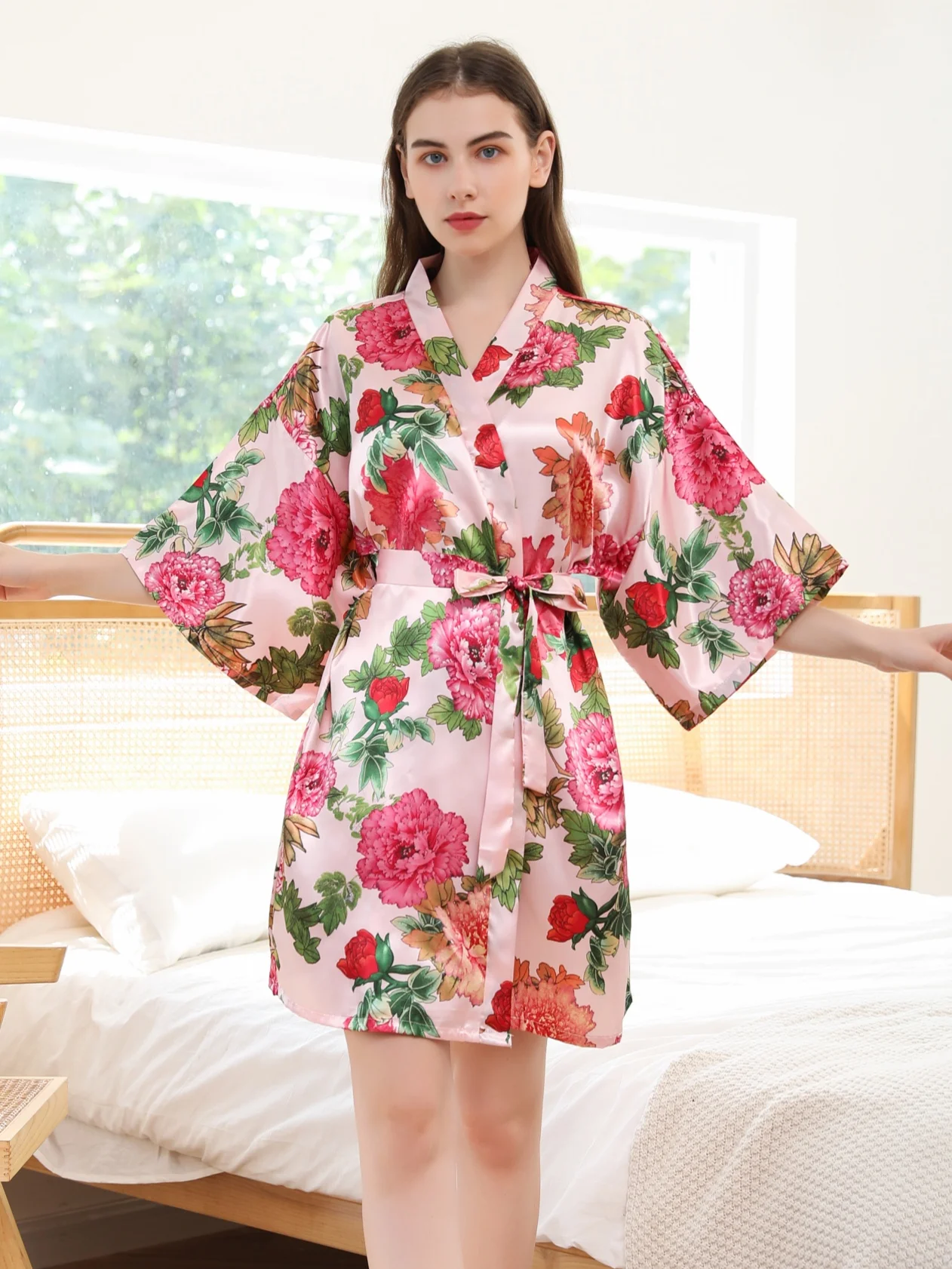 Flora Printed Belt Satin Robe, Bathrobe, Dressing robe, Suit for Home,Vacation,Party