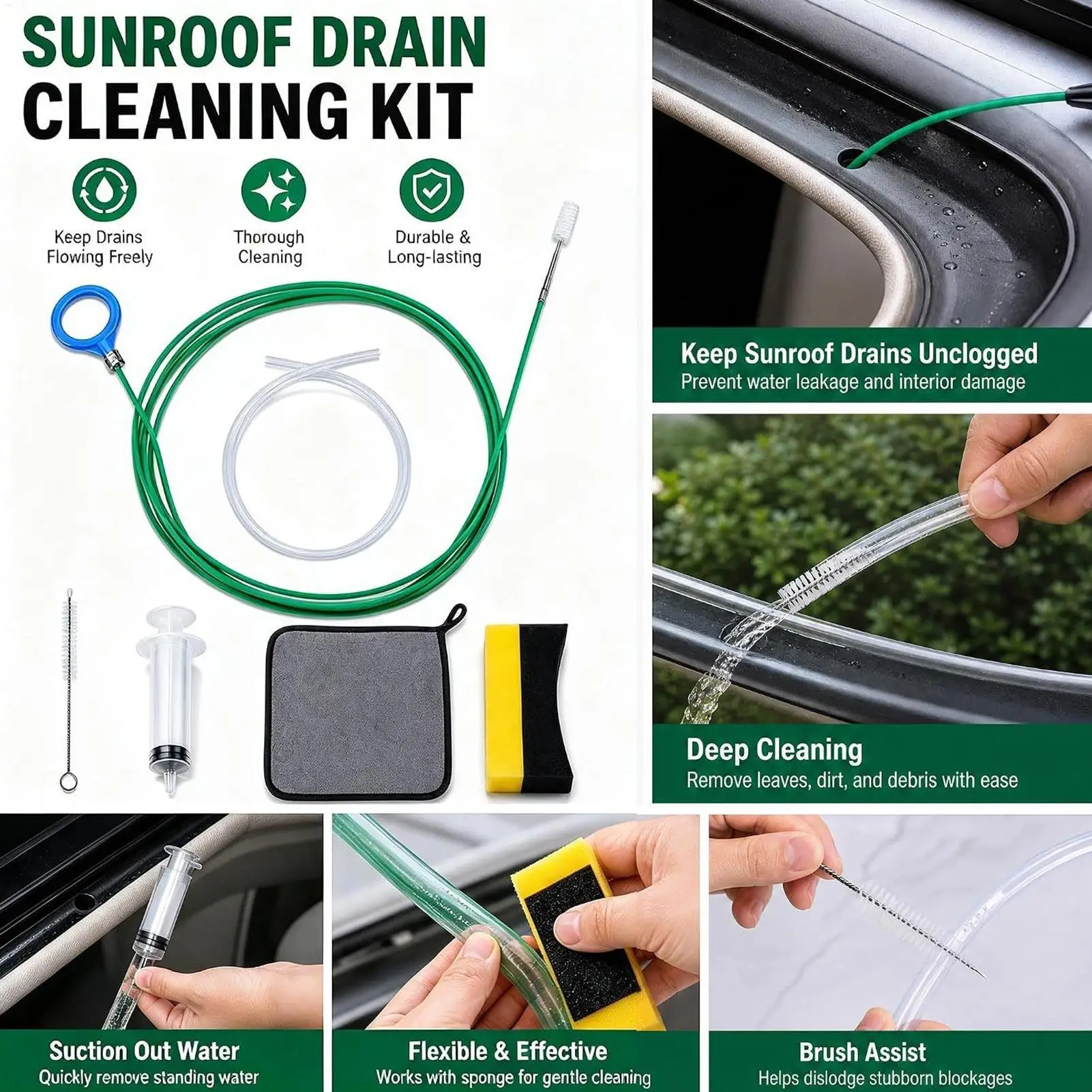 Car Sewer Unclogger Cleaning Brush   Syringes Oil Pump With Hose Universal Car Sunroof Drain Cleaning Kits Hole Clog Brush