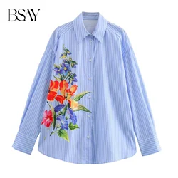 BSAY Women Fashion New Flower Printed Striped Long Sleeve Single Breasted Lapel Blouse Street Clothing Shirt Chic Ladies Top
