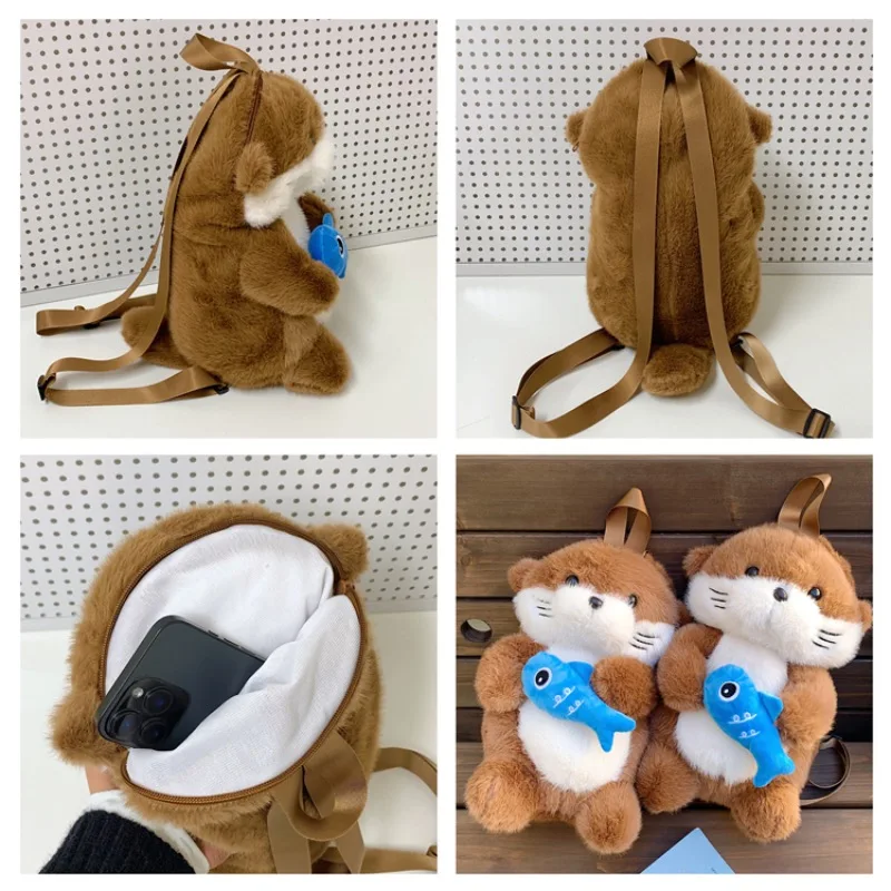 Adorable nutria sosteniendo peces mochila de felpa Capibara lindas niñas mochila de moda regalos casuales para niños